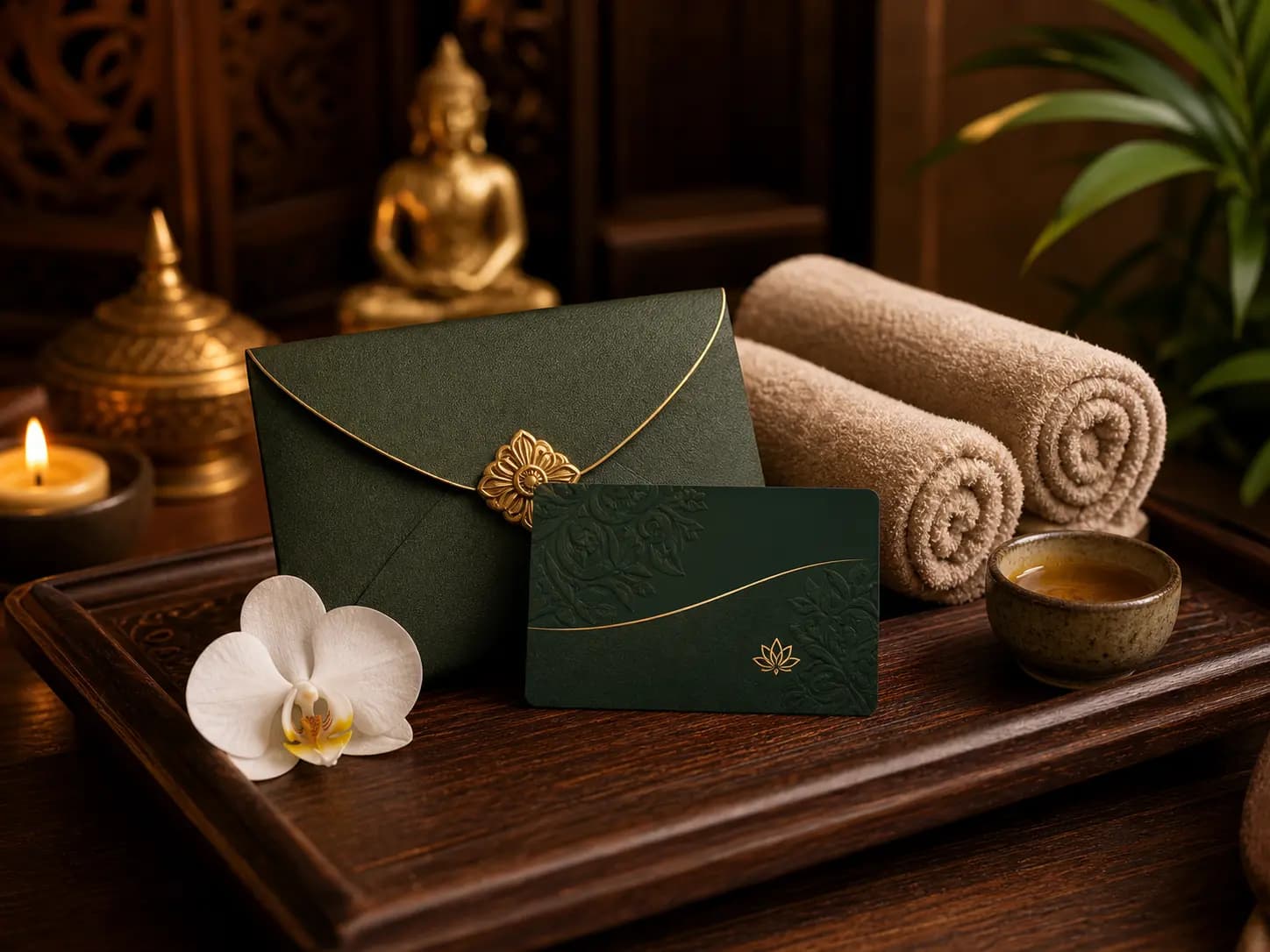 Абонемент Сиам-Сиам в зеленом подарочном конверте на SPA-подносе