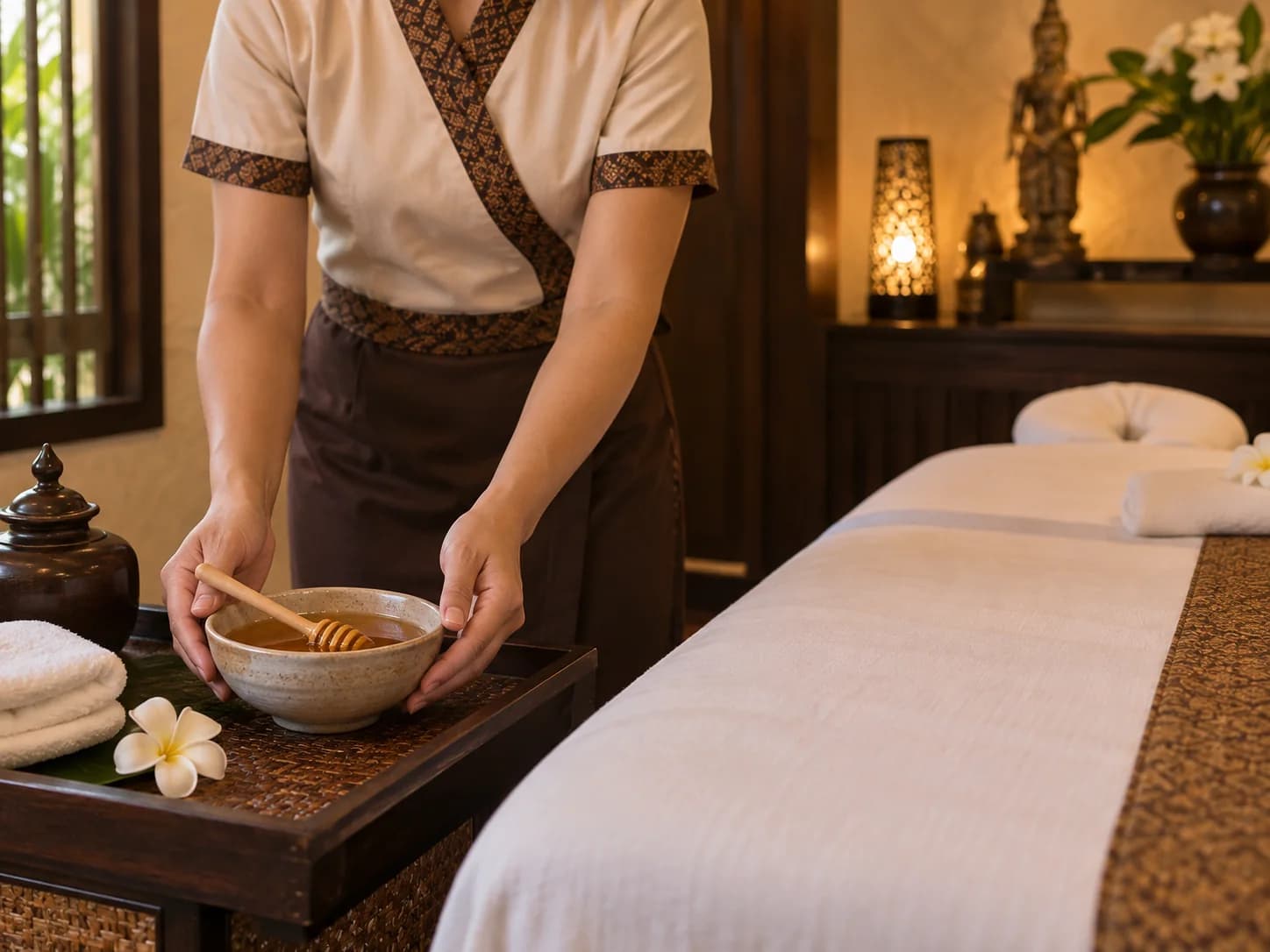 Подготовка к ручному массажу с натуральным медом в интерьере SPA.